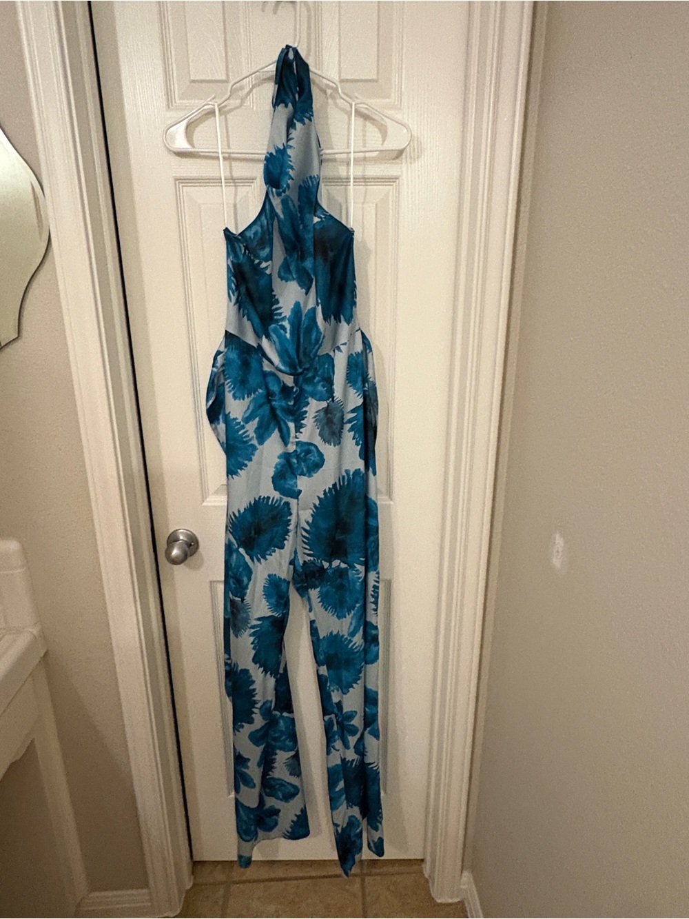 Amanda Uprichard Teal and White Floral Halter Jumpsuit